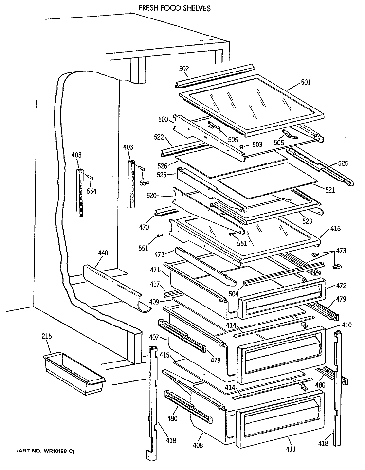 FRESH FOOD SHELVES Diagram and Parts List for TFT27PRXAAA  General Electric Refrigerator