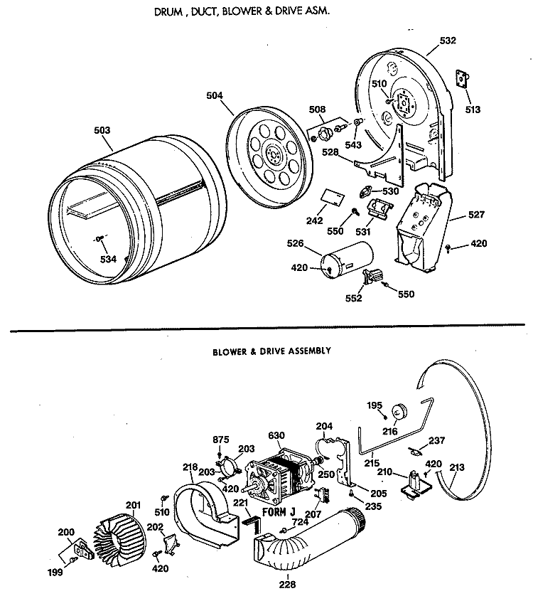 DRUM, DUCT, BLOWR & DRIVE ASM. Diagram and Parts List for DBLR333GT0WW  General Electric Dryer