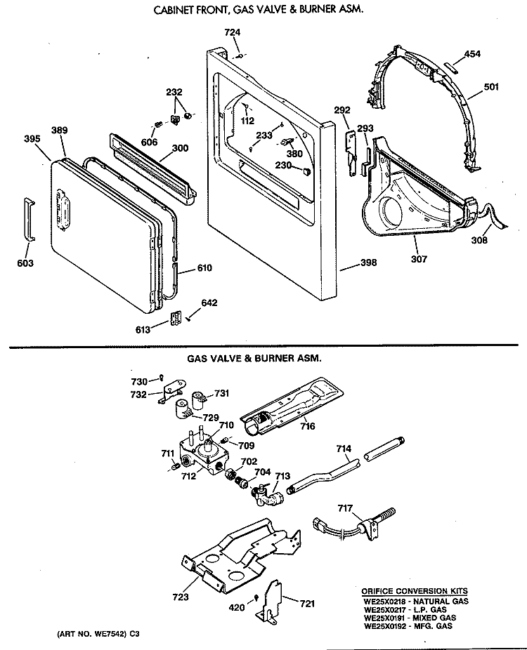 CABINET FRONT, GAS VALVE & BURNER ASM. Diagram and Parts List for DBLR333GT0WW  General Electric Dryer