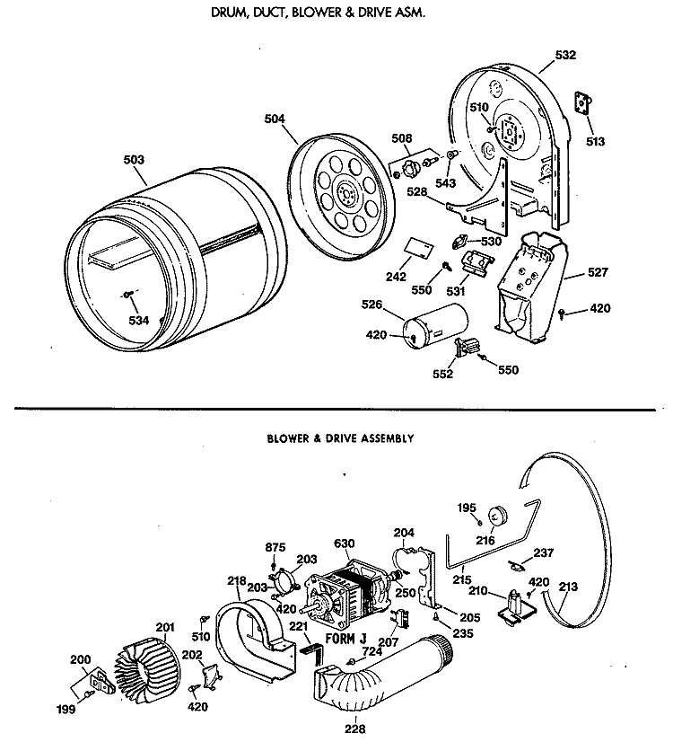 DRUM, DUCT, BLOWER & DRIVE ASM. Diagram and Parts List for DWLR473GT0WB  General Electric Dryer
