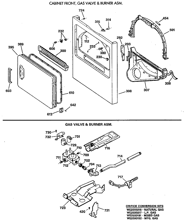CABINET FRONT, GAS VALVE & BURNER ASM. Diagram and Parts List for DWLR473GT0WB  General Electric Dryer