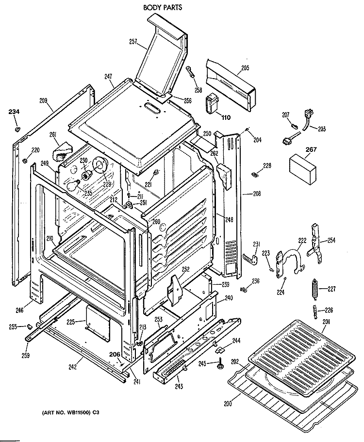 BODY PARTS Diagram and Parts List for JGBS07EV2WW  General Electric Range