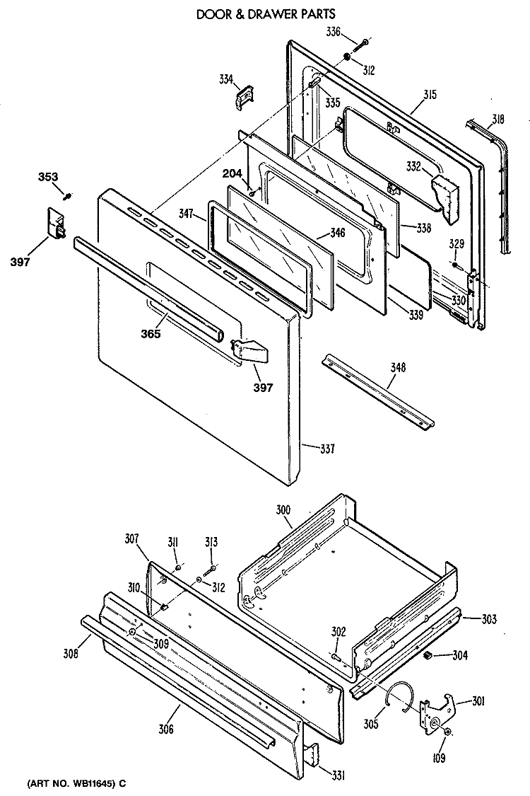 DOOR & DRAWER PARTS Diagram and Parts List for JGBS07EV2WW  General Electric Range