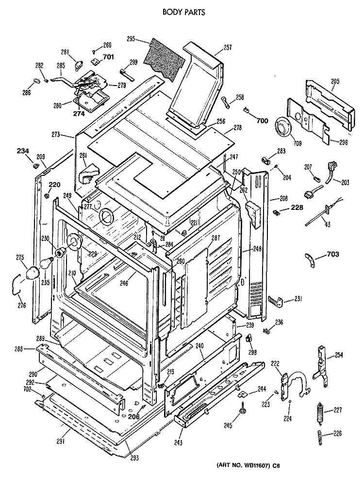 BODY PARTS Diagram and Parts List for JGBP27GEV2AD  General Electric Range