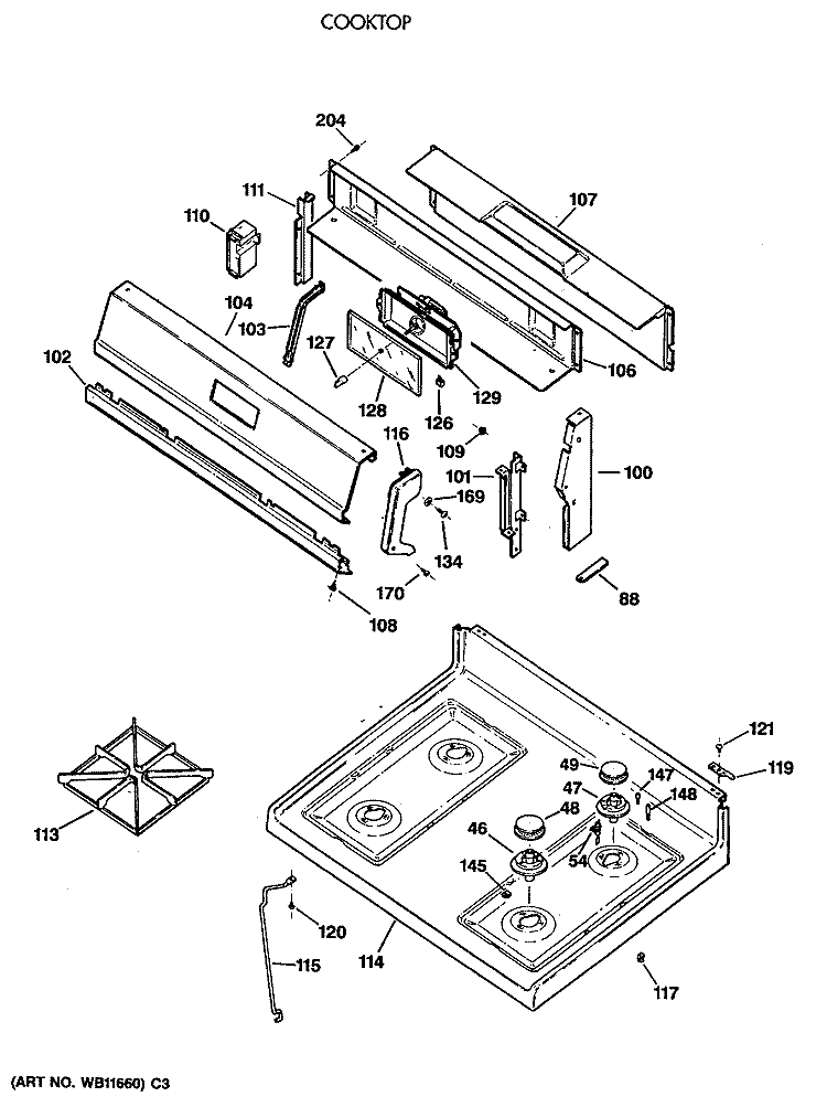 COOKTOP Diagram and Parts List for JGBS21EV3WH  General Electric Range