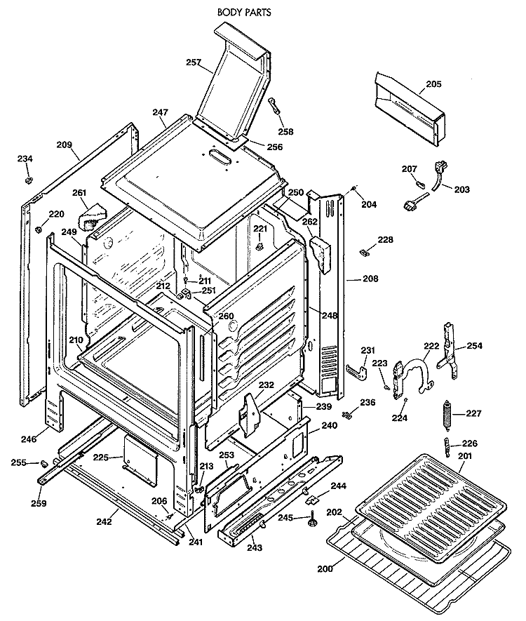 BODY PARTS Diagram and Parts List for JGBS21EV3WH  General Electric Range