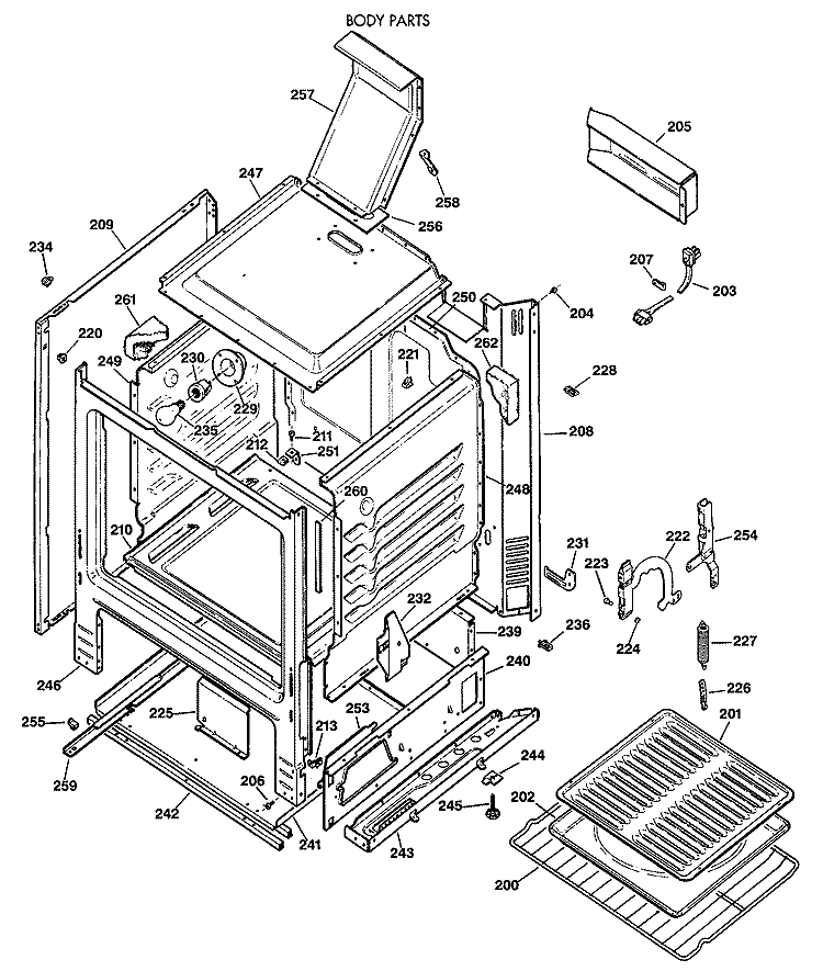 BODY PARTS Diagram and Parts List for JGBS22GEV3AD  General Electric Range