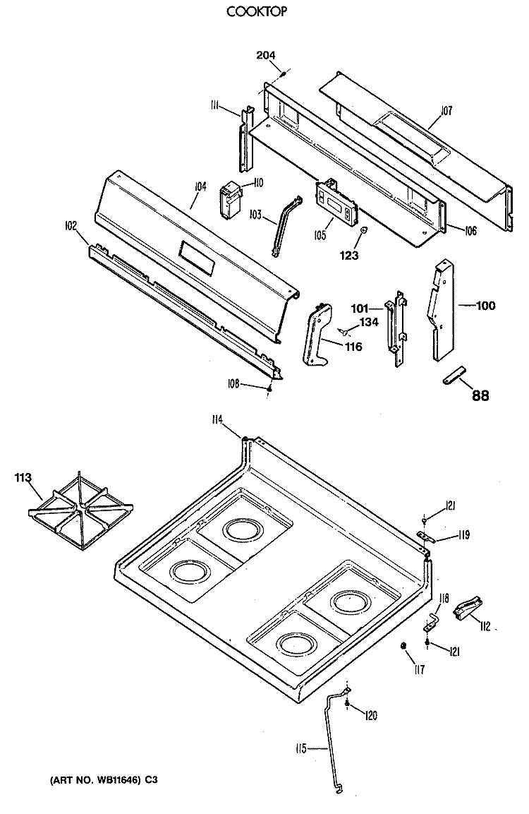 COOKTOP Diagram and Parts List for JGBC20GEV3AD  General Electric Range