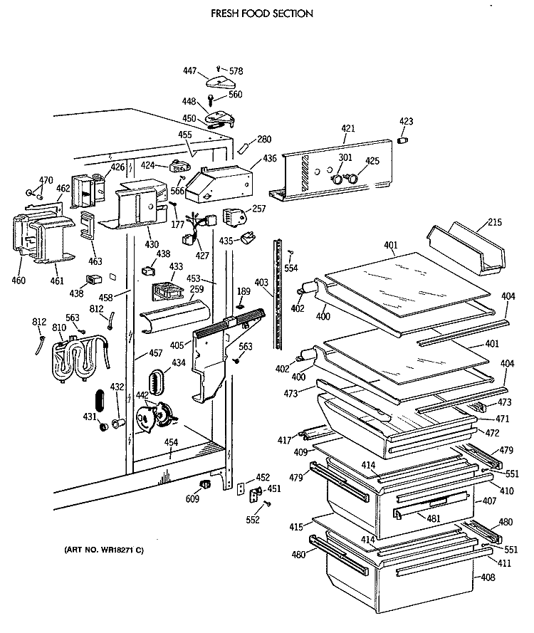 FRESH FOOD SECTION Diagram and Parts List for TFZ24JRXAWW  General Electric Refrigerator