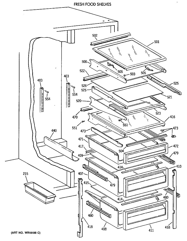 FRESH FOOD SHELVES Diagram and Parts List for TFZ24PEXAWH  General Electric Refrigerator