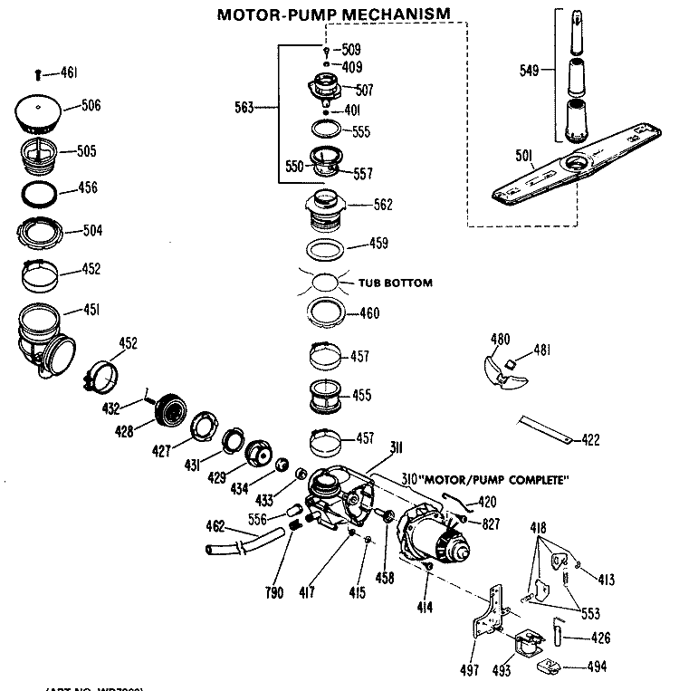 MOTOR - PUMP MECHANISM Diagram and Parts List for HDA467L-01  Hotpoint Dishwasher
