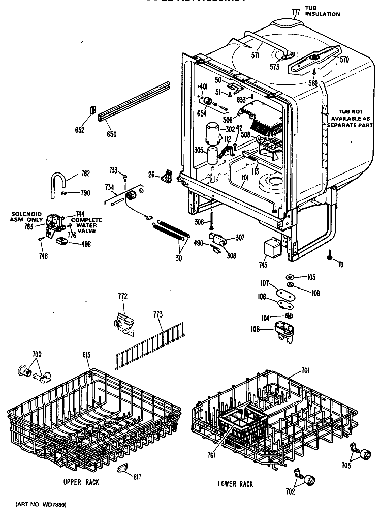 Section Diagram and Parts List for HDA1030M01  Hotpoint Dishwasher