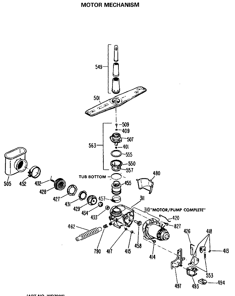 MOTOR MECHANISM Diagram and Parts List for HDA829P-25BA  Hotpoint Dishwasher