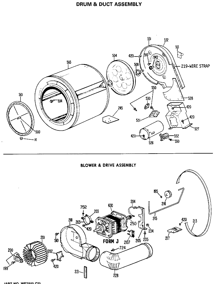 DRUM & DUCT ASSEMBLY Diagram and Parts List for DLL2650RBL  Hotpoint Dryer