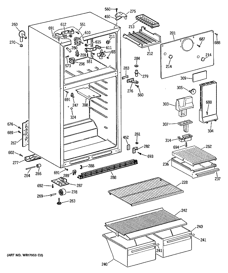 Section Diagram and Parts List for CTX16BYSDRWH  Hotpoint Refrigerator