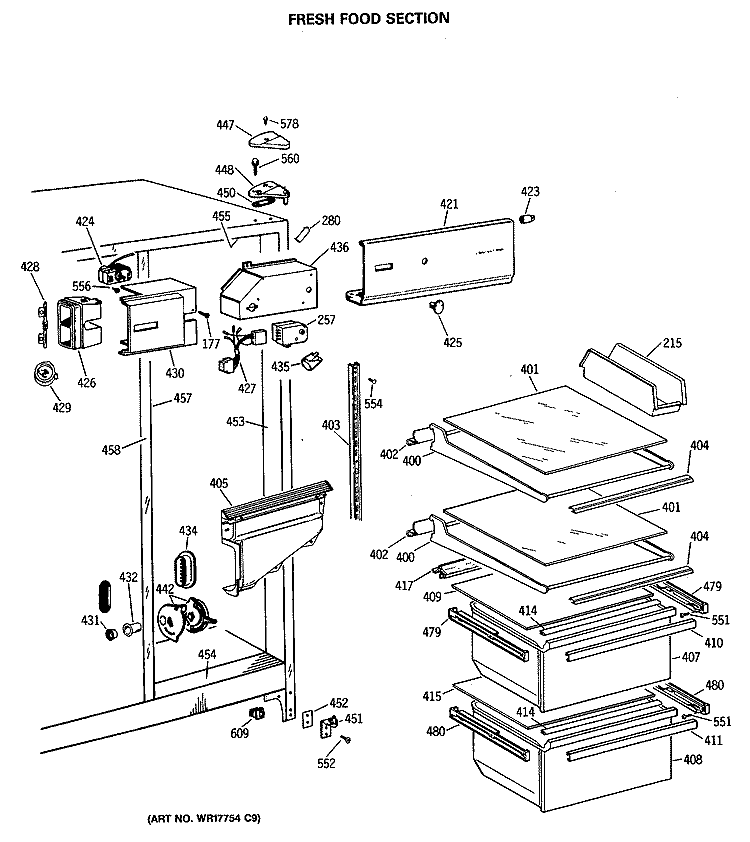 FRESH FOOD SECTION Diagram and Parts List for CSC20GASBWH  Hotpoint Refrigerator