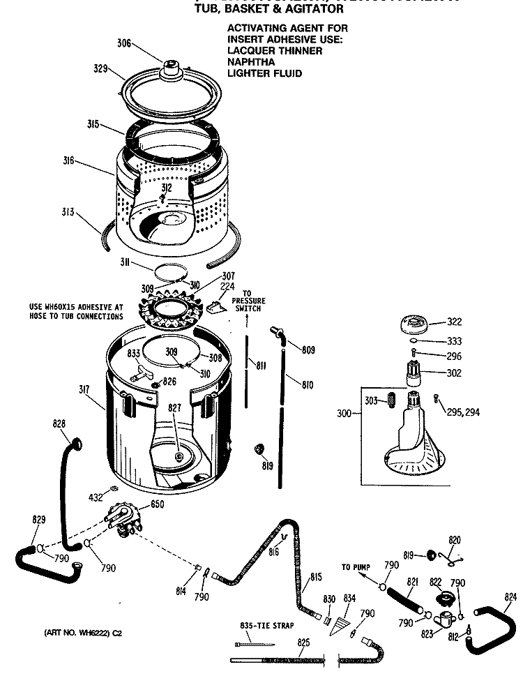 TUB, BASKET & AGITATOR Diagram and Parts List for WLW3400SALAD  Hotpoint Washer