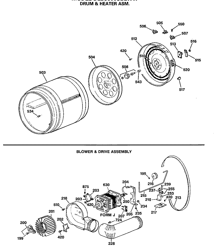 DRUM & HEATER ASM. Diagram and Parts List for DLB3600SBLWW  Hotpoint Dryer