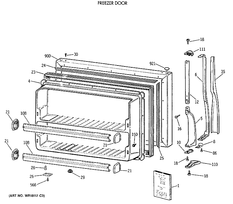 FREEZER DOOR Diagram and Parts List for CTX18GASWRWH  Hotpoint Refrigerator