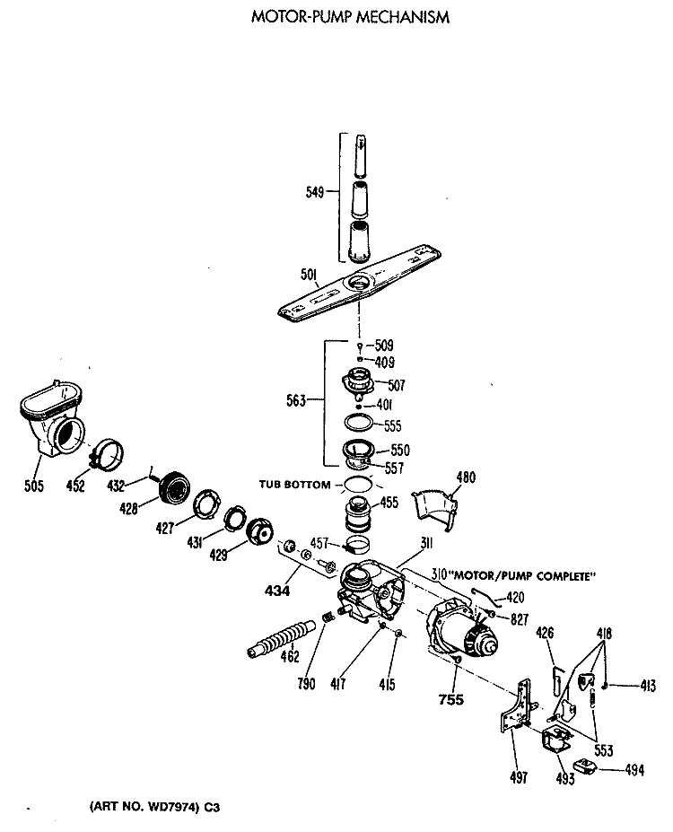 MOTOR - PUMP MECHANISM Diagram and Parts List for HDA100V-64WH  Hotpoint Dishwasher