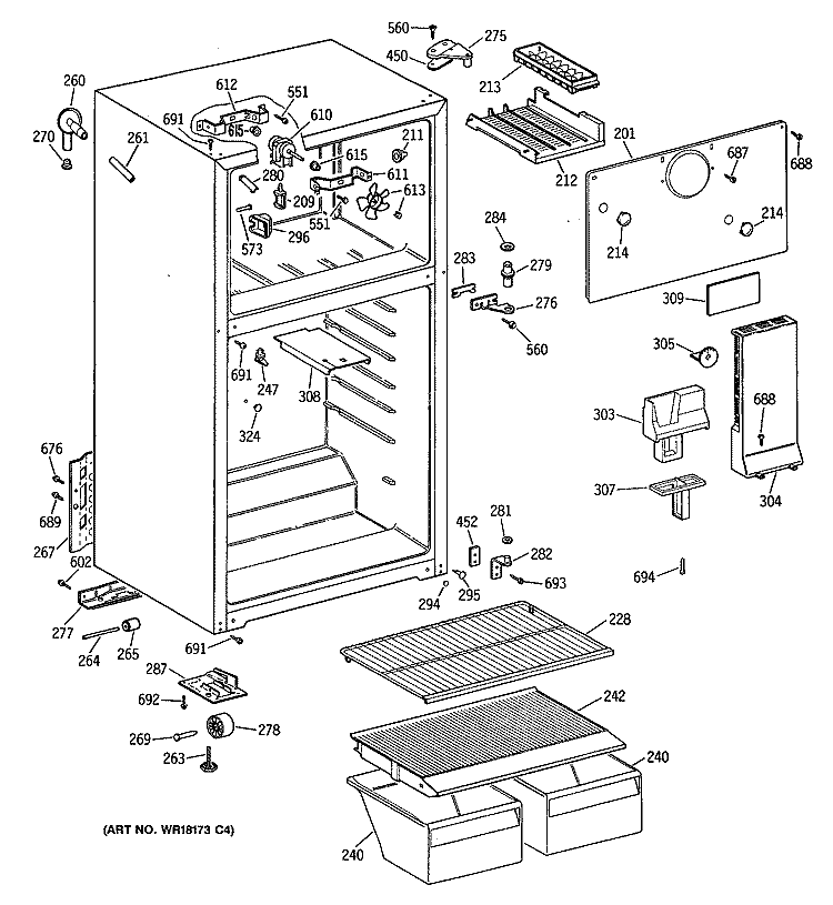 Section Diagram and Parts List for CTE16CYTDRWH  Hotpoint Refrigerator