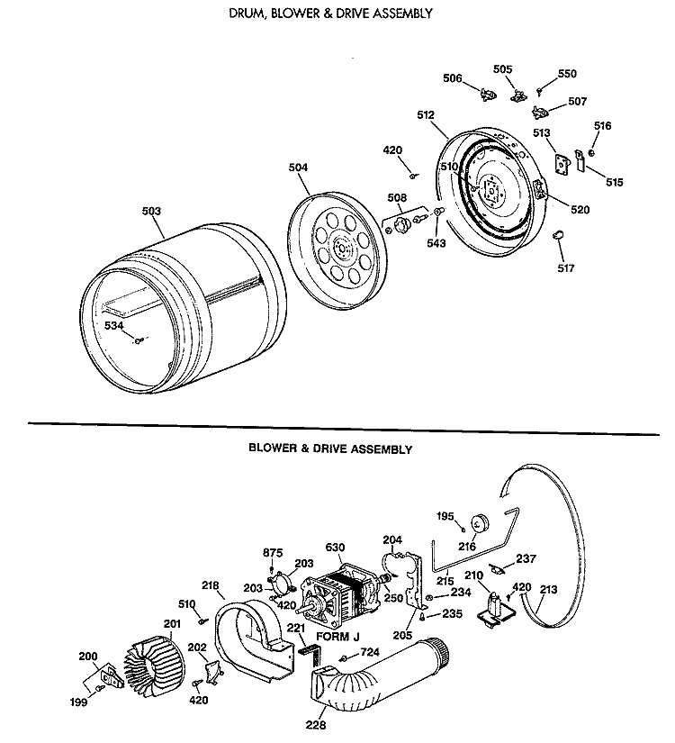 DRUM, BLOWER & DRIVE ASSEMBLY Diagram and Parts List for NLLR113ET0WB  Hotpoint Dryer