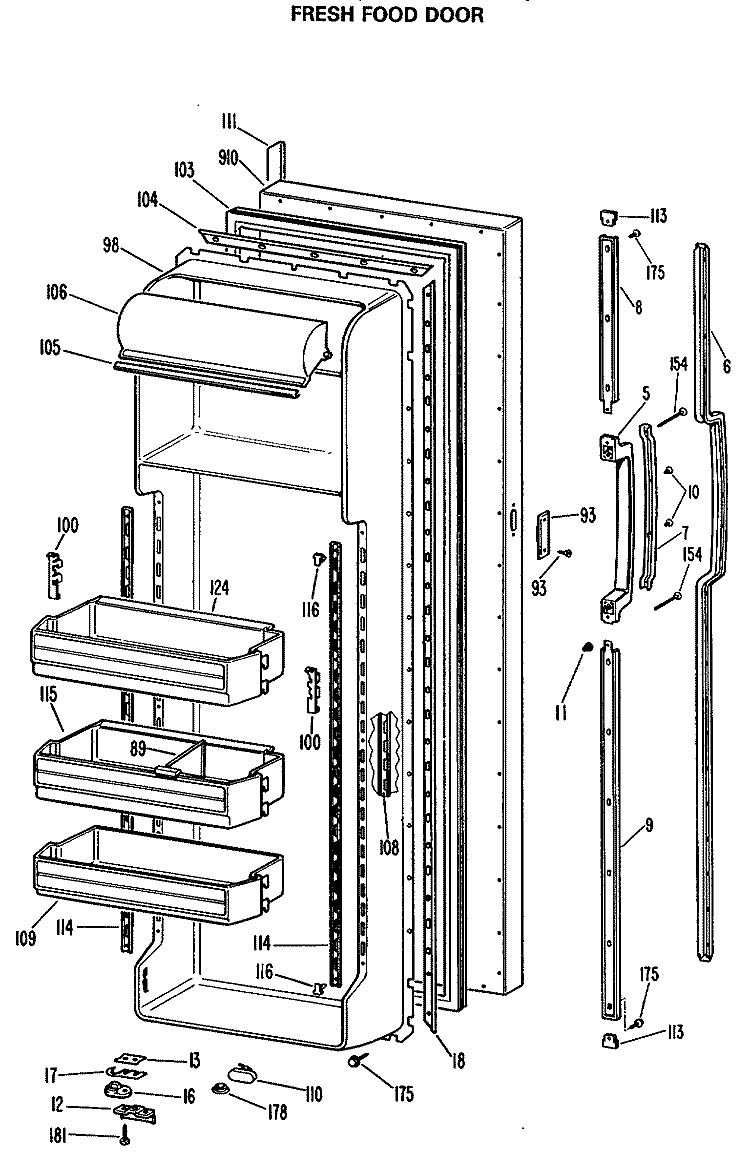 FRESH FOOD DOOR Diagram and Parts List for MSX27XLP  General Electric Refrigerator