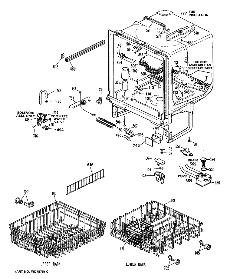 Section Diagram and Parts List for PSD930V-61WW  General Electric Dishwasher