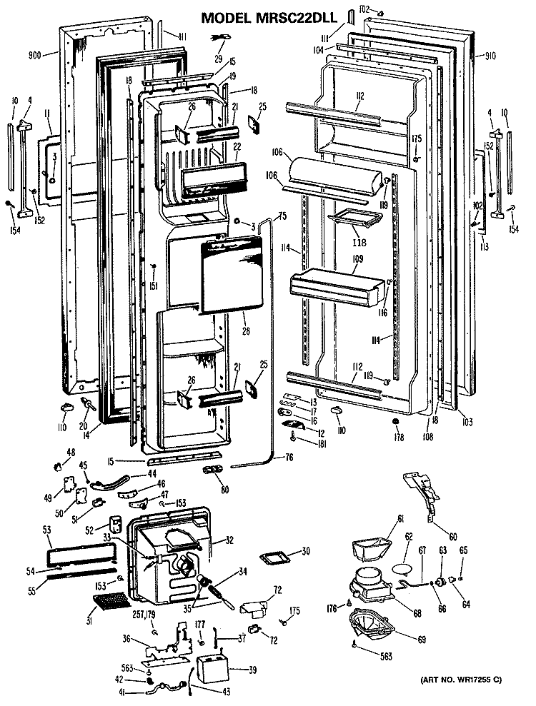 Section Diagram and Parts List for MRSC22DLL  General Electric Refrigerator