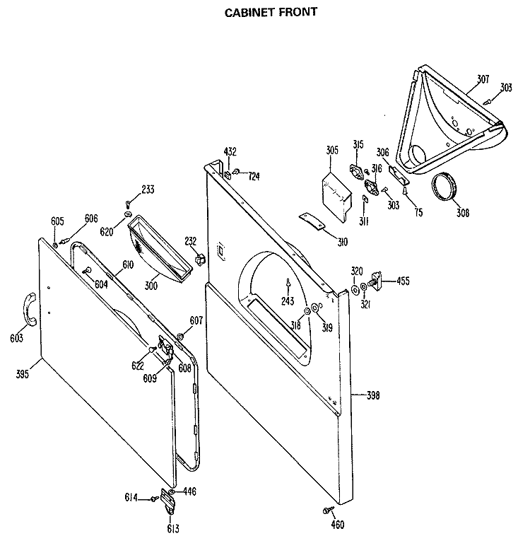 CABINET FRONT Diagram and Parts List for DRB2455MDL  General Electric Dryer