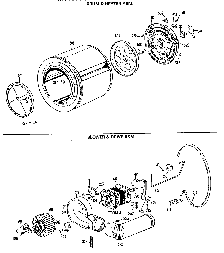 DRUM & HEATER ASM. Diagram and Parts List for DRB2455MDL  General Electric Dryer