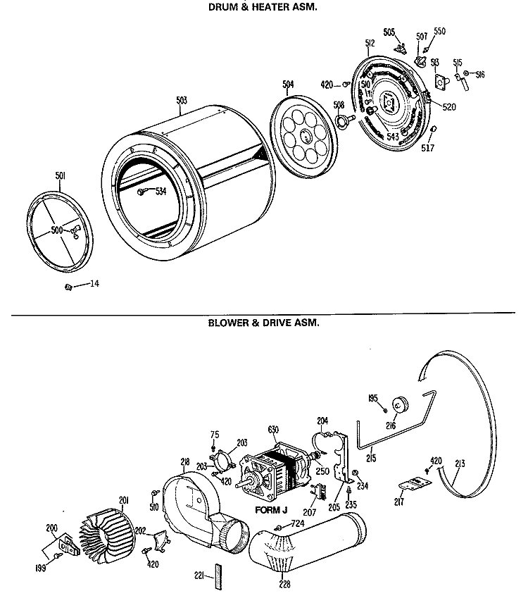DRUM & HEATER ASM. Diagram and Parts List for DRB2455RAL  General Electric Dryer
