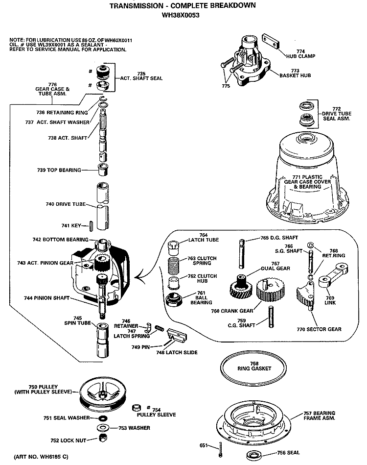 TRANSMISSION - COMPLETE BREAKDOWN Diagram and Parts List for WRW3705RBLWW  General Electric Washer