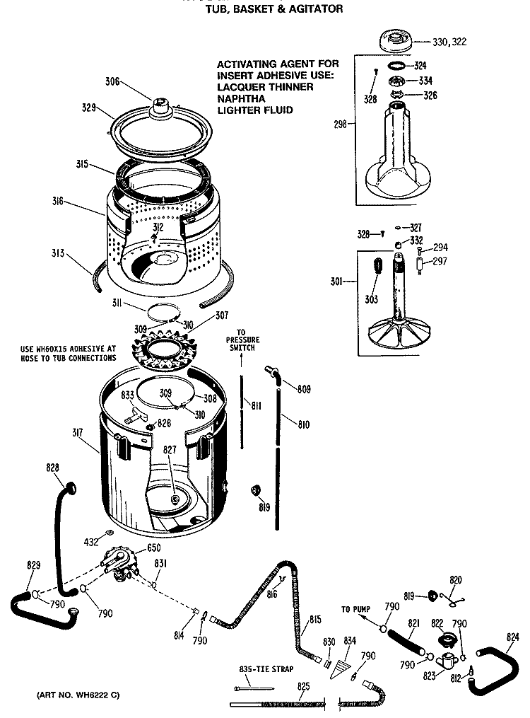 TUB, GASKET & AGITATOR Diagram and Parts List for WRW3705RBLWW  General Electric Washer