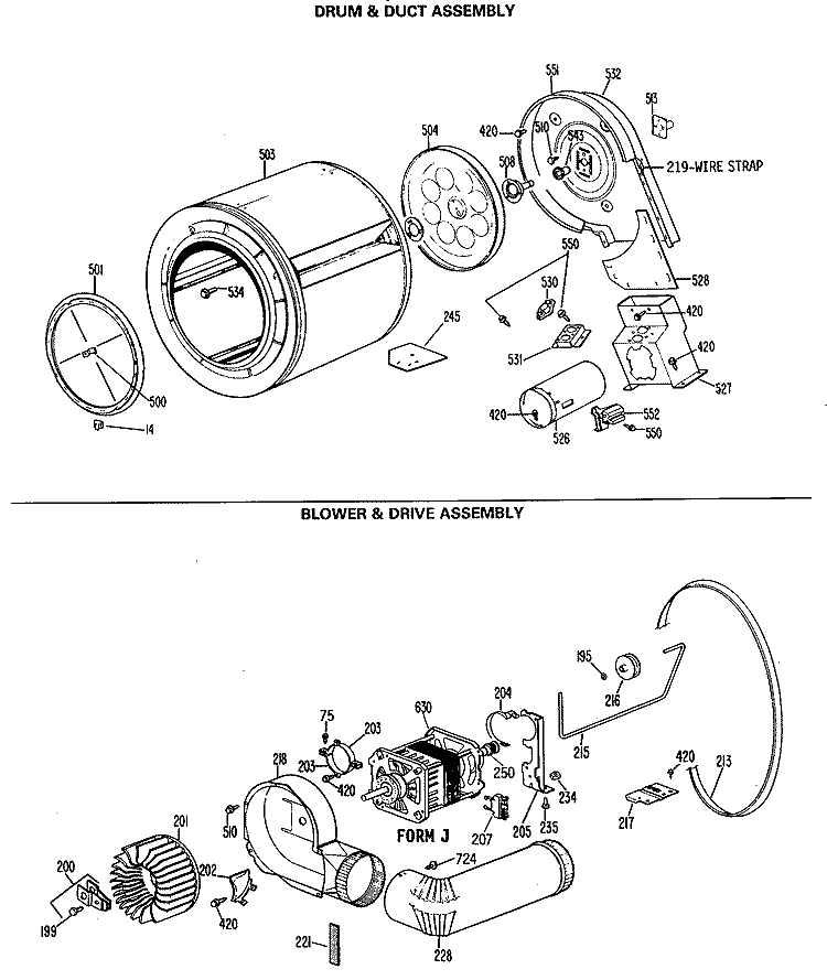 DRUM & DUCT ASSEMBLY Diagram and Parts List for DRL1555RAL  General Electric Dryer