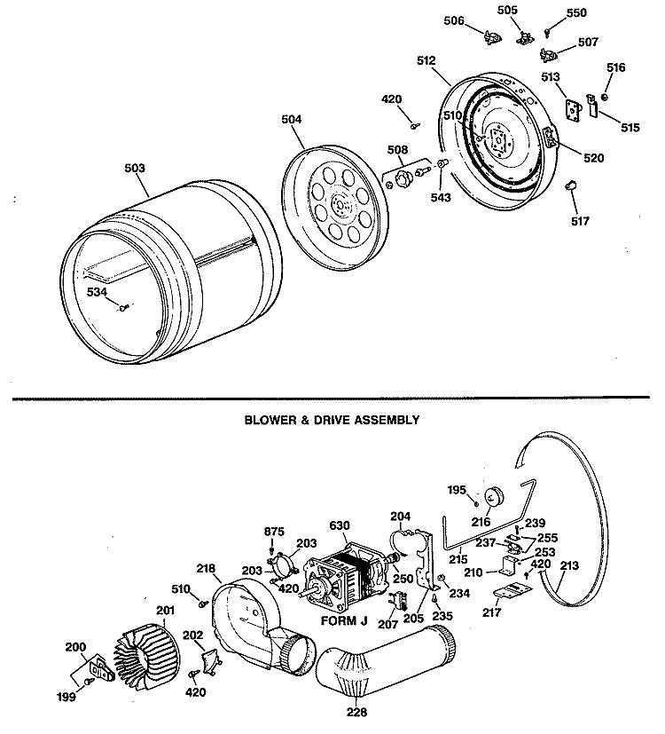 BLOWER & DRIVE ASSEMBLY Diagram and Parts List for DRB4800SBLWW  General Electric Dryer