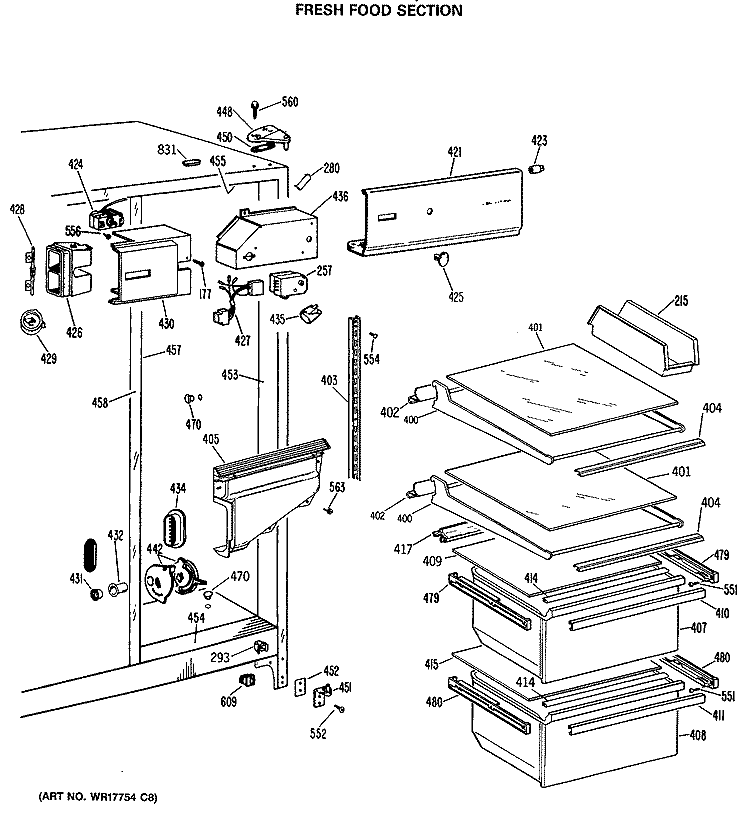 FRESH FOOD SECTION Diagram and Parts List for MSX22GASAWH  General Electric Refrigerator