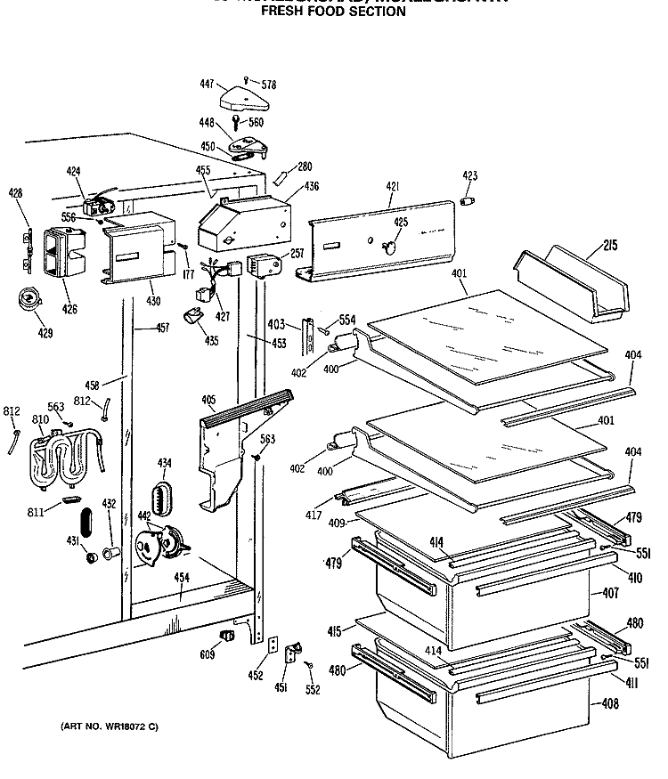 FRESH FOOD SECTION Diagram and Parts List for MSX22GRSAWH  General Electric Refrigerator