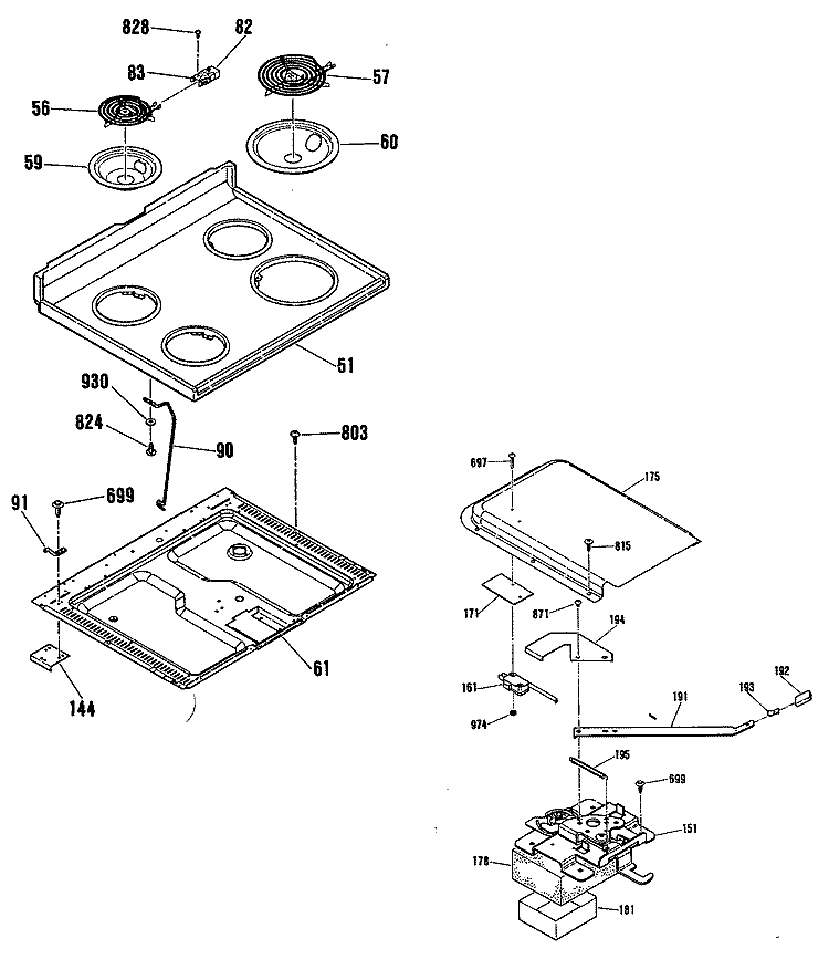 Section Diagram and Parts List for LEB316GT1WH  General Electric Range