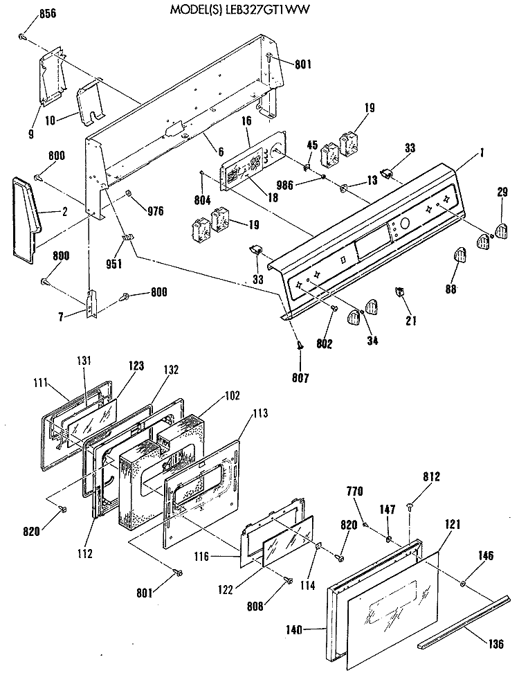 Section Diagram and Parts List for LEB327GT1WW  General Electric Range