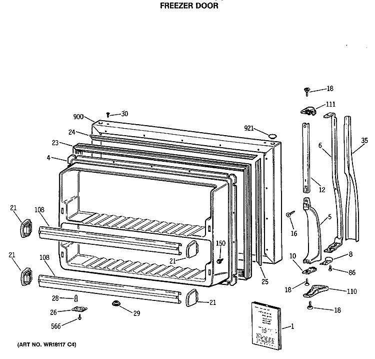FREEZER DOOR Diagram and Parts List for MTE18EASSRWH  General Electric Refrigerator