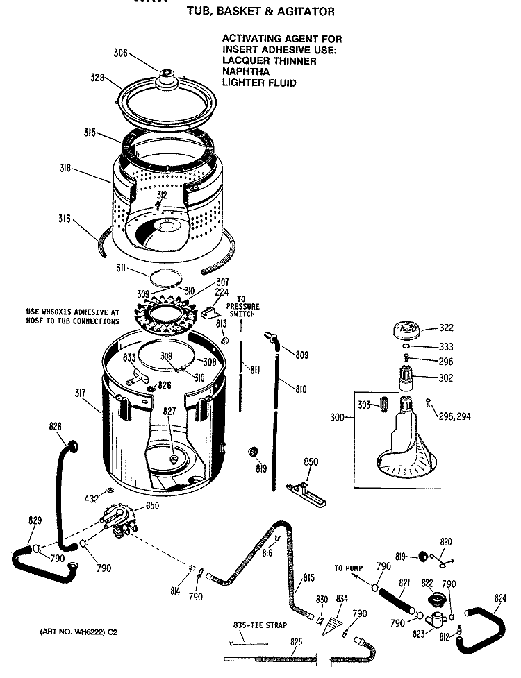 TUB, BASKET & AGITATOR Diagram and Parts List for WRW4400SBLWW  General Electric Washer