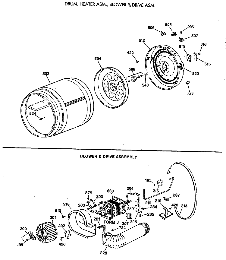 DRUM, HEATER ASM., BLOWER & DRIVE ASM. Diagram and Parts List for BLLR113ET0WB  General Electric Dryer