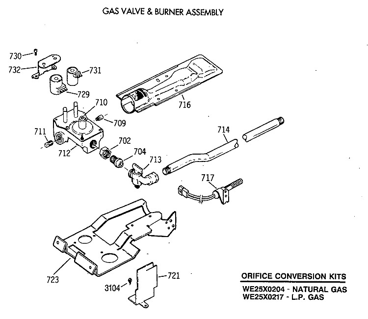 GAS VALVE & BURNER ASSEMBLY Diagram and Parts List for DRL4980SBMWW  General Electric Dryer