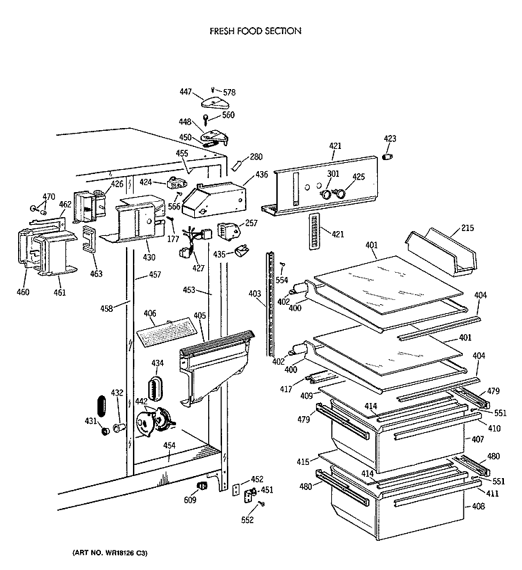 FRESH FOOD SECTION Diagram and Parts List for MSG22GATCWH  General Electric Refrigerator