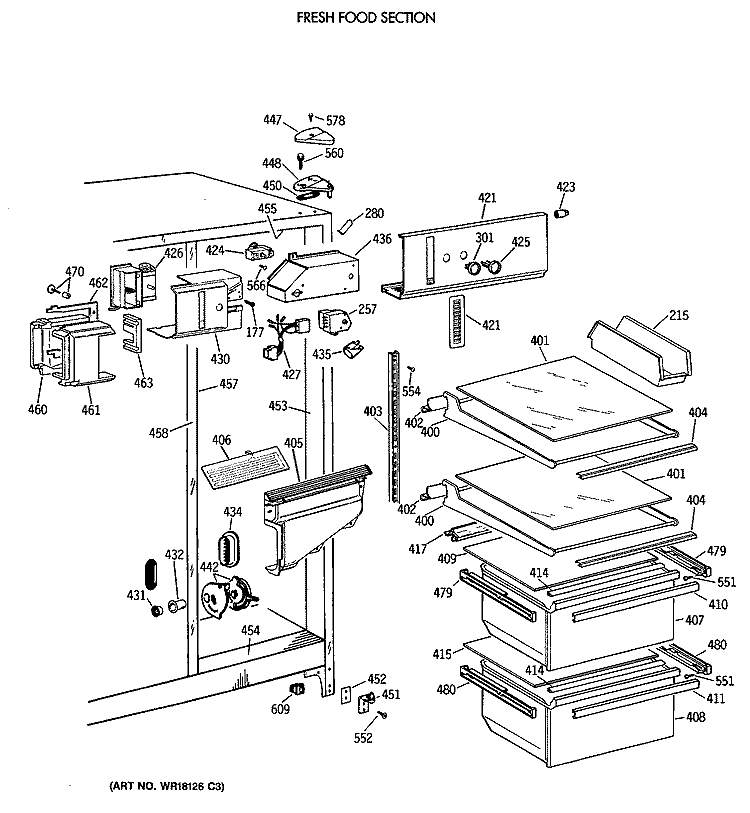 FRESH FOOD SECTION Diagram and Parts List for MSG22GAVAWH  General Electric Refrigerator