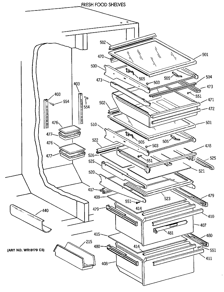 FRESH FOOD SHELVES Diagram and Parts List for MSK27PFXAWW  General Electric Refrigerator