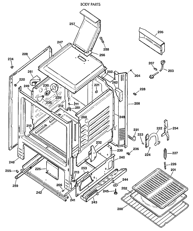 BODY PARTS Diagram and Parts List for LGB146GET2WH  General Electric Range