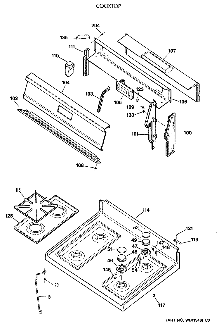COOKTOP Diagram and Parts List for LGB146GET2WH  General Electric Range