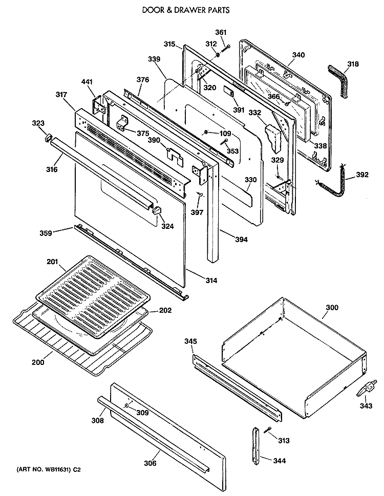 DOOR & DRAWER PARTS Diagram and Parts List for LGB356GET2AD  General Electric Range